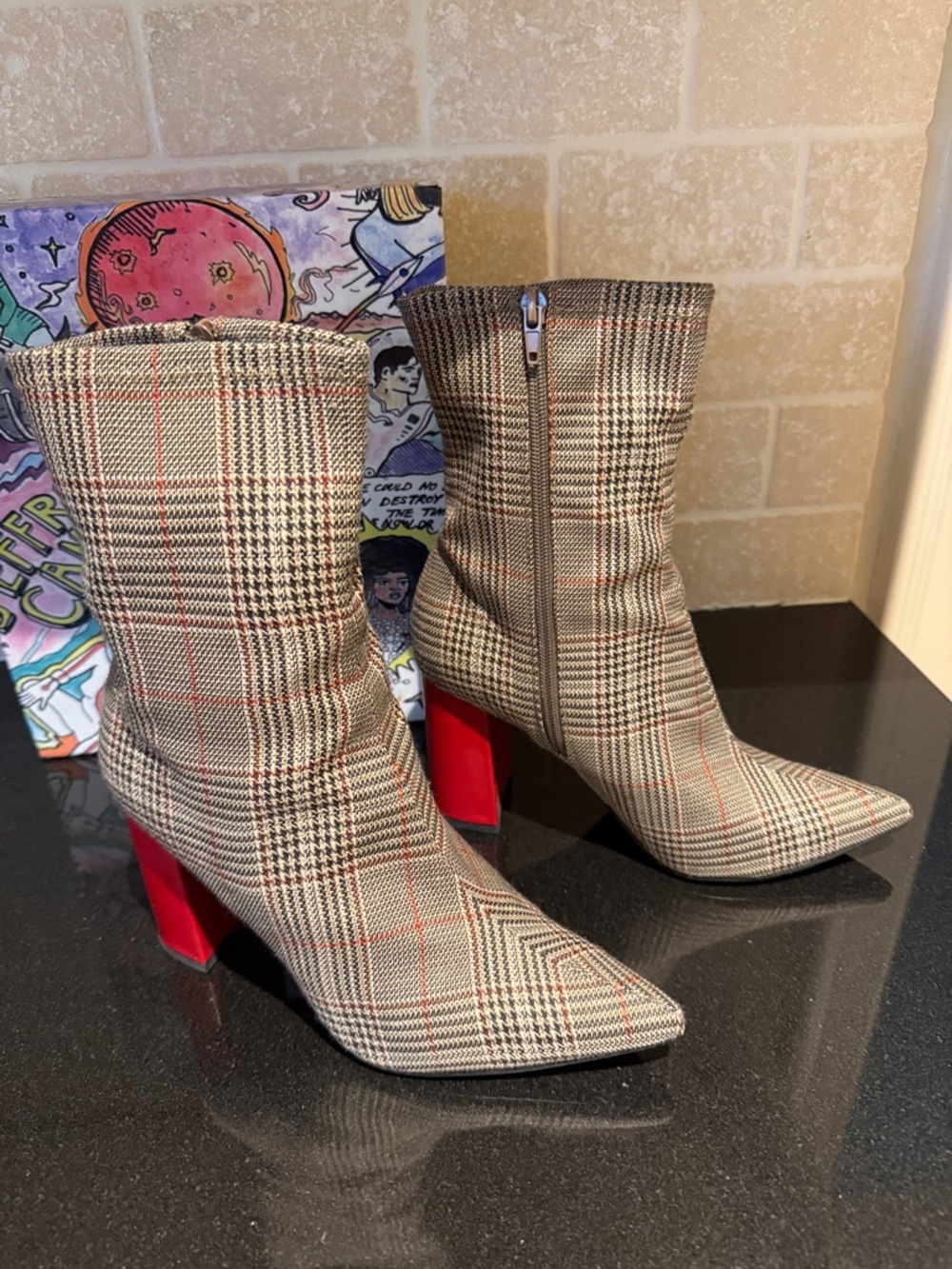 Jeffrey Campbell Siren Plaid Pointed Ankle Boots with Red Block Heel